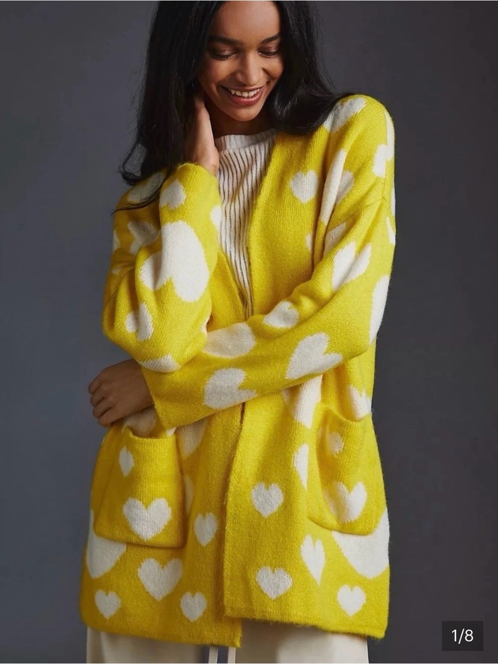 Maeve by Anthropologie Yellow and White Heart-Print Open Cardigan